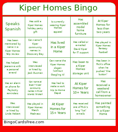 Kiper Homes Bingo Card