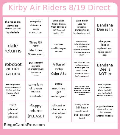 Kirby Air Riders 8/19 Direct Bingo Card