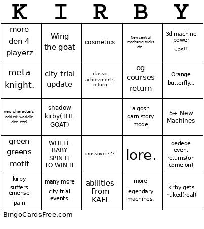 Kirby Air Riders Bingo Card