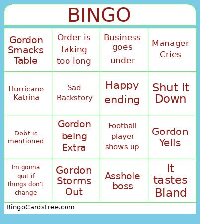 Kitchen nightmares Bingo Cards Free Pdf Printable Game, Title: BINGO
