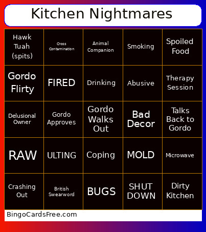 Kitchen Nightmares Bingo Card