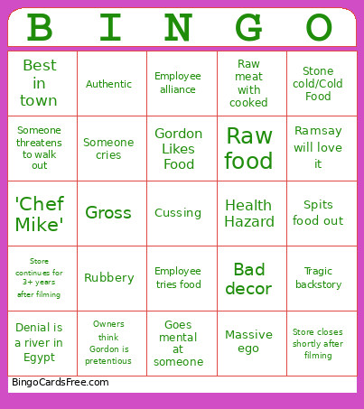 Kitchen Nightmares Bingo Card
