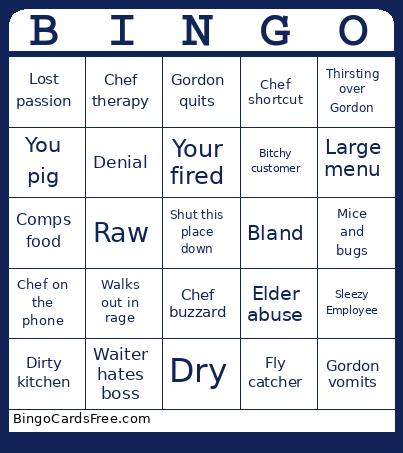 kitchen nightmares  Bingo Cards Free Pdf Printable Game, Title: BINGO
