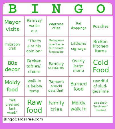 Kitchen Nightmares  Bingo Cards Free Pdf Printable Game, Title: BINGO