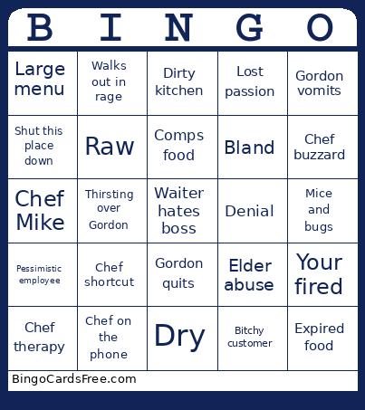 Kitchen Nightmares Bingo Cards Free Pdf Printable Game, Title: BINGO