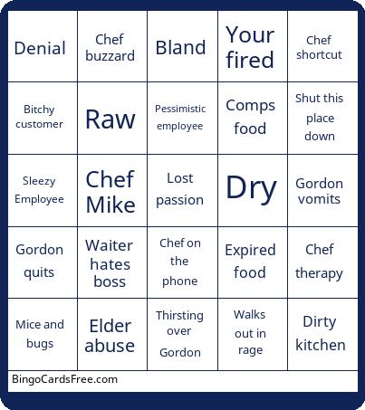 kitchen nightmares Bingo Cards Free Pdf Printable Game, Title: 