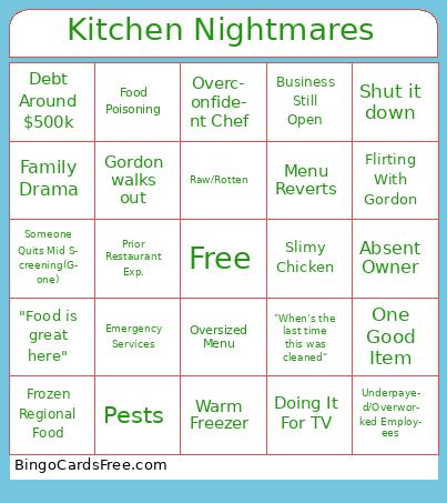 Kitchen Nightmares Bingo