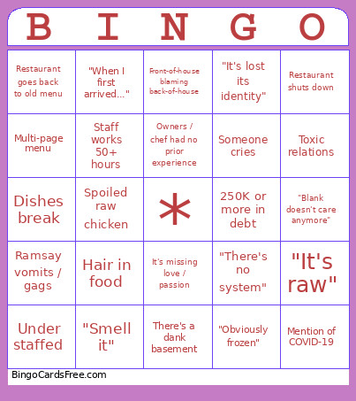 Kitchen Nightmares Bingo Card