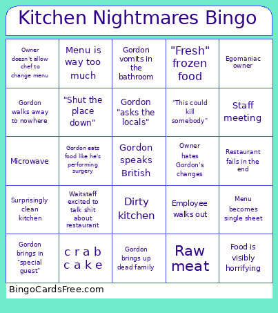 Kitchen Nightmares Bingo Card