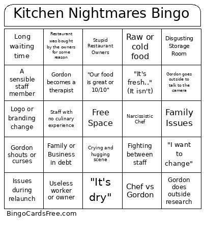 Kitchen Nightmares Bingo