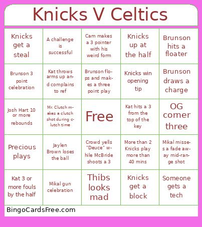 Knicks V Celtics Bingo