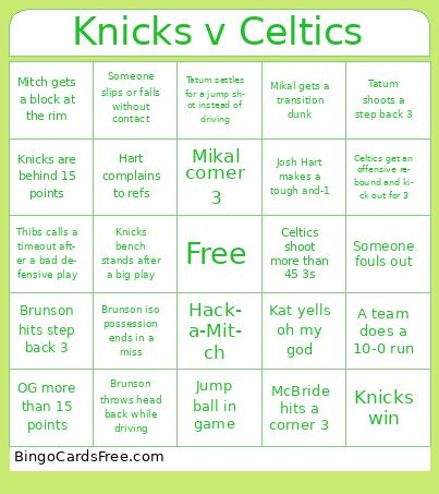 Knicks V Celtics Bingo
