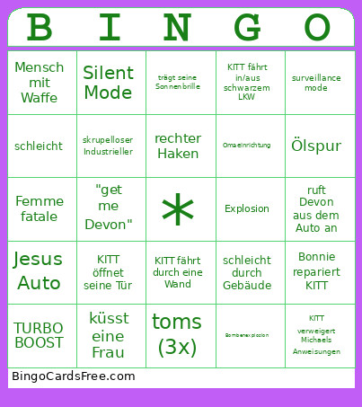 Knight Rider Bingo Card