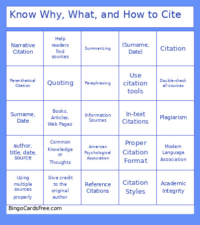 Know Why, What, And How To Cite Bingo Card 2