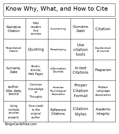 Know Why, What, And How To Cite Bingo Card