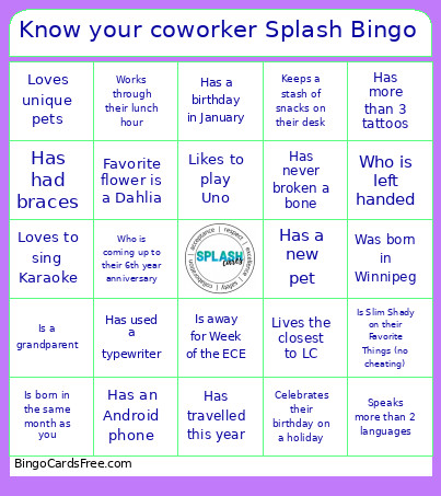 Know Your Coworker Splash Bingo Card