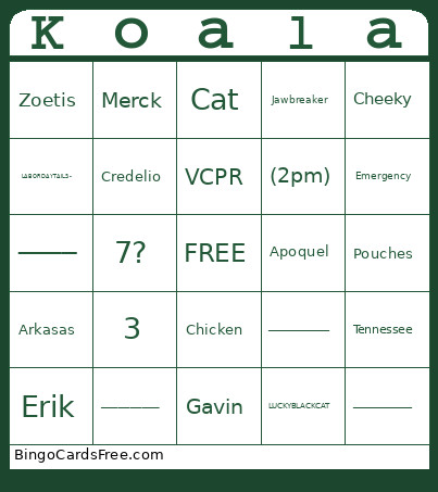 Koala Bingo Card