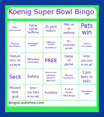 Koenig Super Bowl Bingo Card