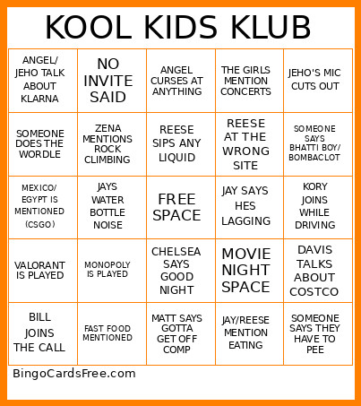 KOOL KIDS KLUB Bingo Card