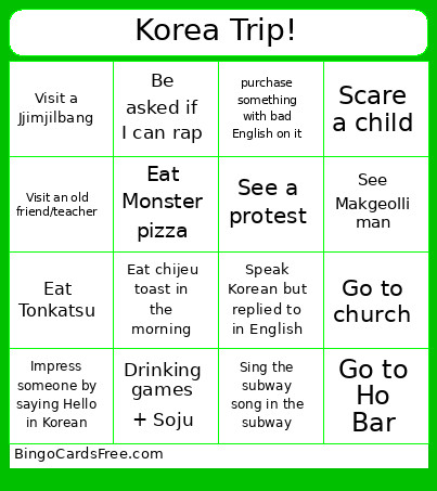 Korea Trip! Bingo Card