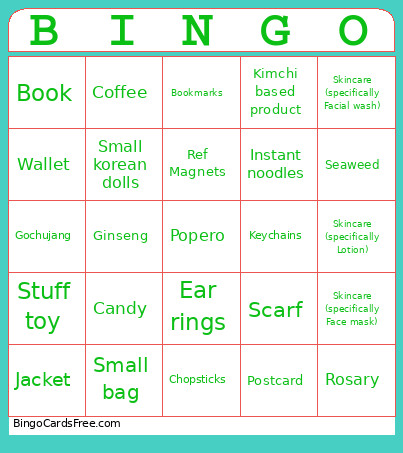 Korean Souvs Bingo Card