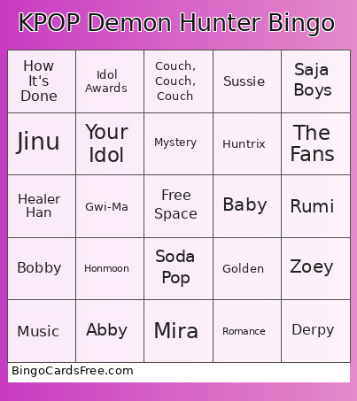 KPOP Demon Hunter Bingo Card