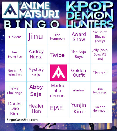 Kpop Demon Hunters Bingo Card