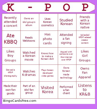KPOPSOCIAL Bingo Card