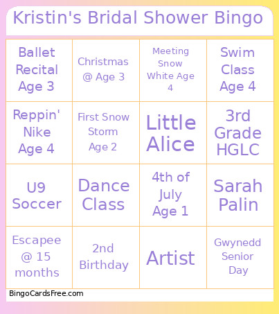 Kristin's Bridal Shower Bingo Card