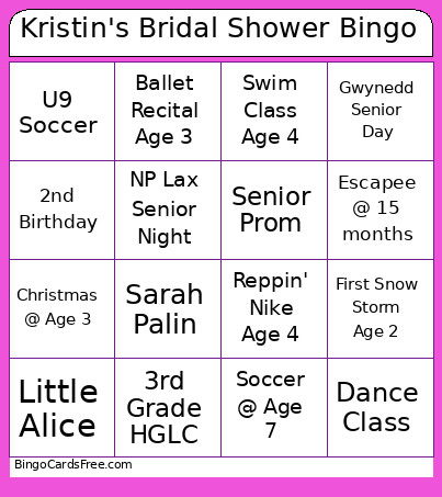 Kristin's Bridal Shower Bingo Card