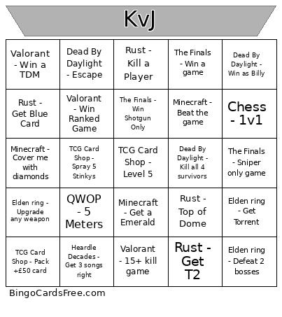 KvJ Game Bingo Card
