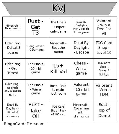 KvJ Game Bingo Card