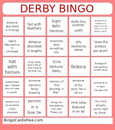 Ky Derby 151 Bingo Card