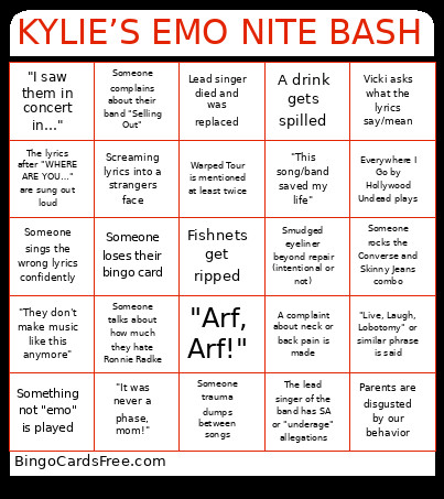 KYLIE’S EMO NITE BASH Bingo Card