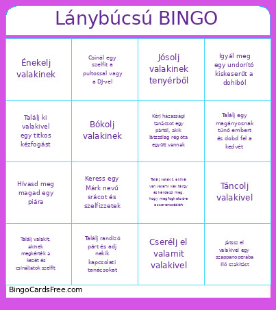 Lánybúcsú Bingo Card