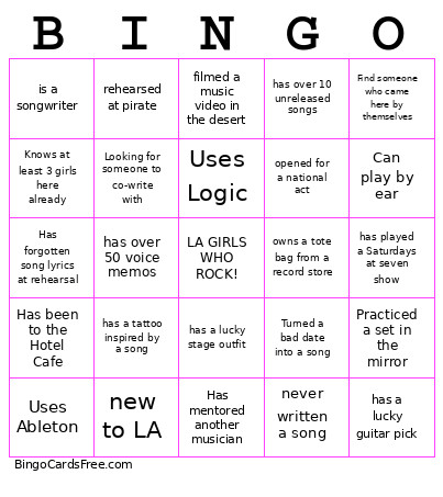 LA GIRLS WHO ROCK Bingo Card