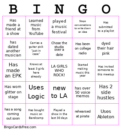 LA GIRLS WHO ROCK! Bingo Card
