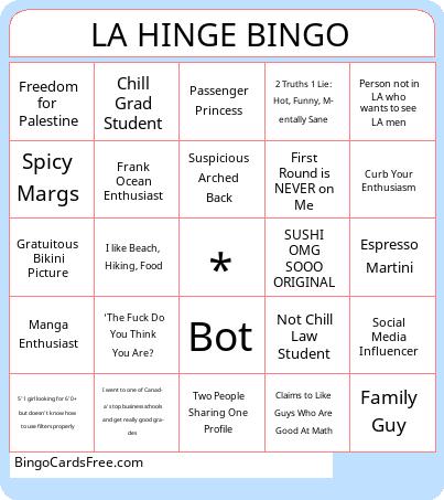 Suffering Bingo Cards Free Pdf Printable Game, Title: LA HINGE BINGO