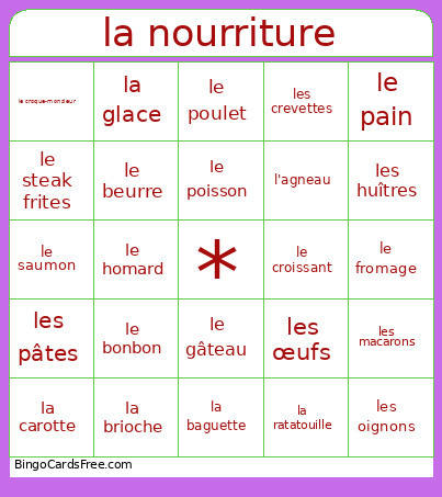 La Nourriture Bingo Card