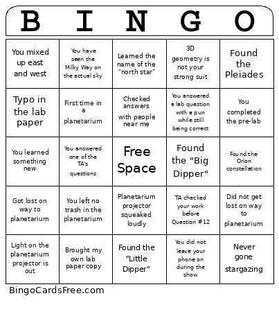 Lab 2 Astro 3 Bingo Card