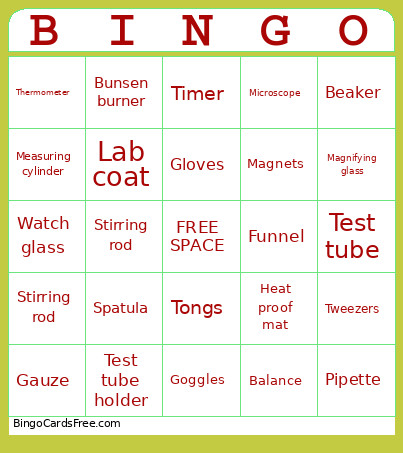 Lab Equipment Bingo Card