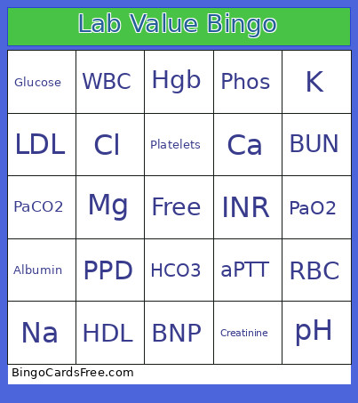 Lab Value Bingo Card