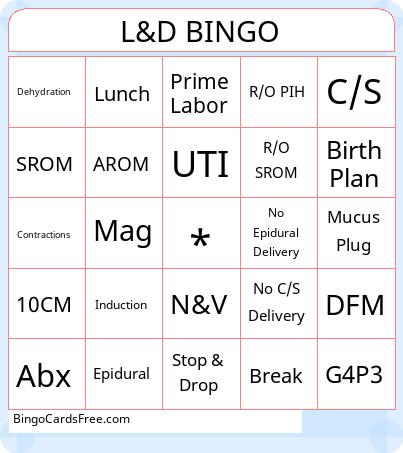 Labor & Delivery Bingo Cards Free Pdf Printable Game, Title: L&D BINGO