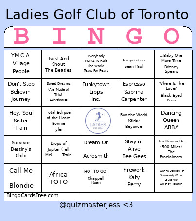 Ladies Golf Club Music 2 Bingo Card