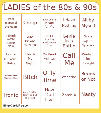 LADIES Of The 80s & 90s Bingo Card