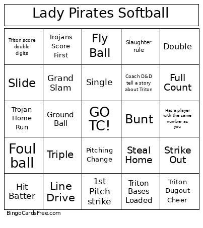 Lady Pirates Softball Bingo Card