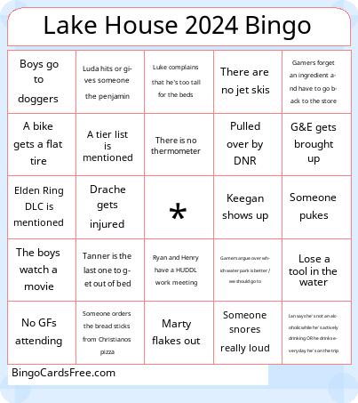 Lake House 2024 Bingo Cards Free Pdf Printable Game, Title: Lake House 2024 Bingo