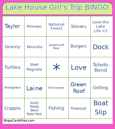 Lake House Girl's Trip Bingo Card