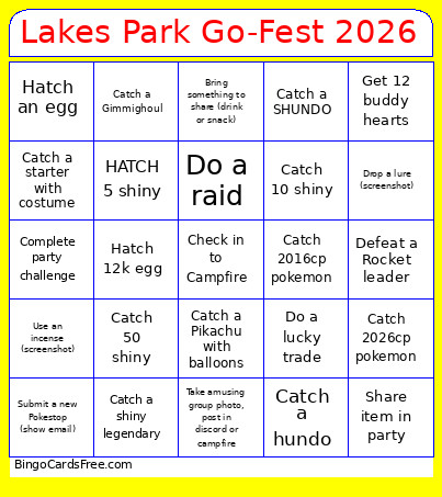 Lakes Park Go-Fest 2026 Bingo Card