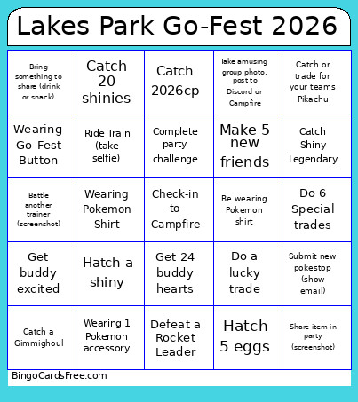Lakes Park Pokemon-Go Club Walking Bingo Card